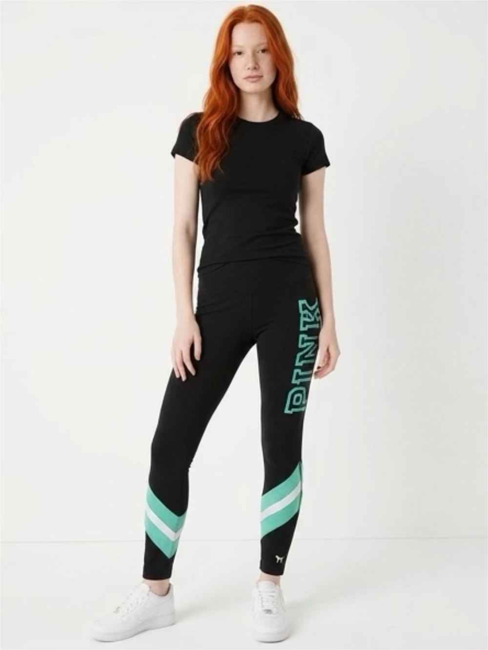 PINK Victoria's Secret Black Leggings with Teal Logo Accent